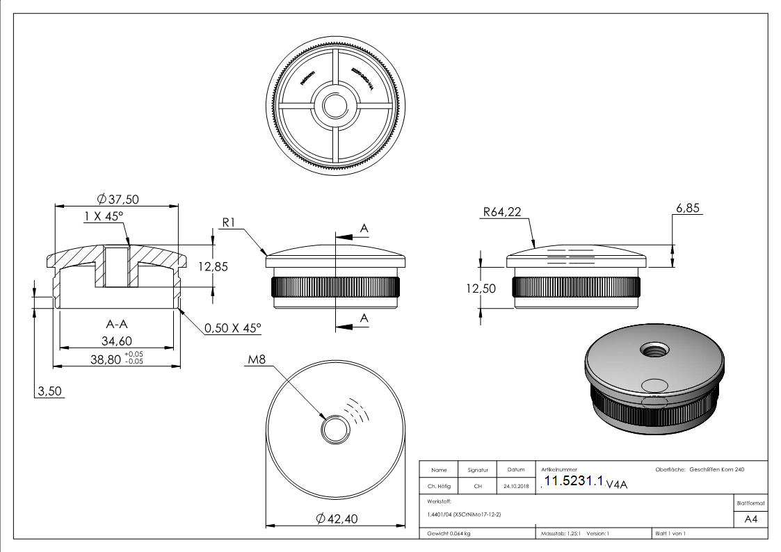 Rohrstopfen fuer Ø 42-4x2-0 mm leicht gewoelbt mit M8 zum Einschlagen V4A-11-5231.1