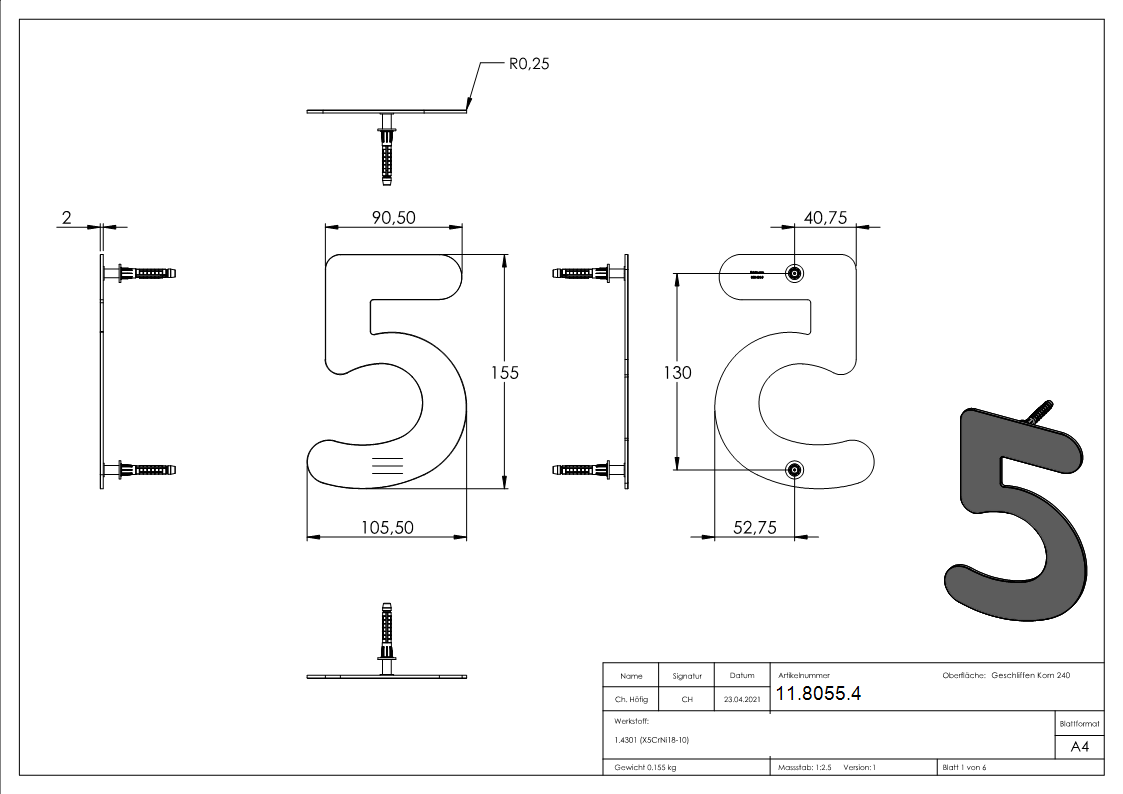 Hausnummer 5 | klein | Maße: 110 mm x 150 mm | V2A