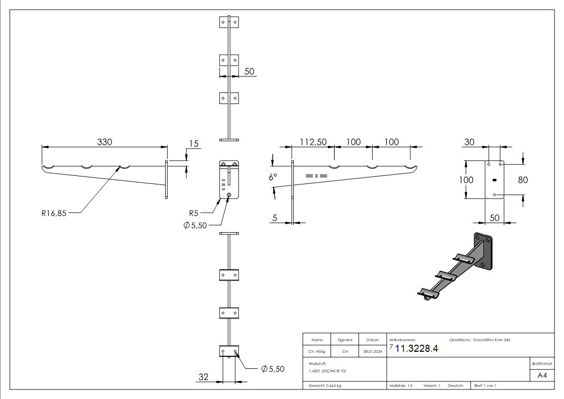 Tablettrutschenträger für Ø 33,7 V2A