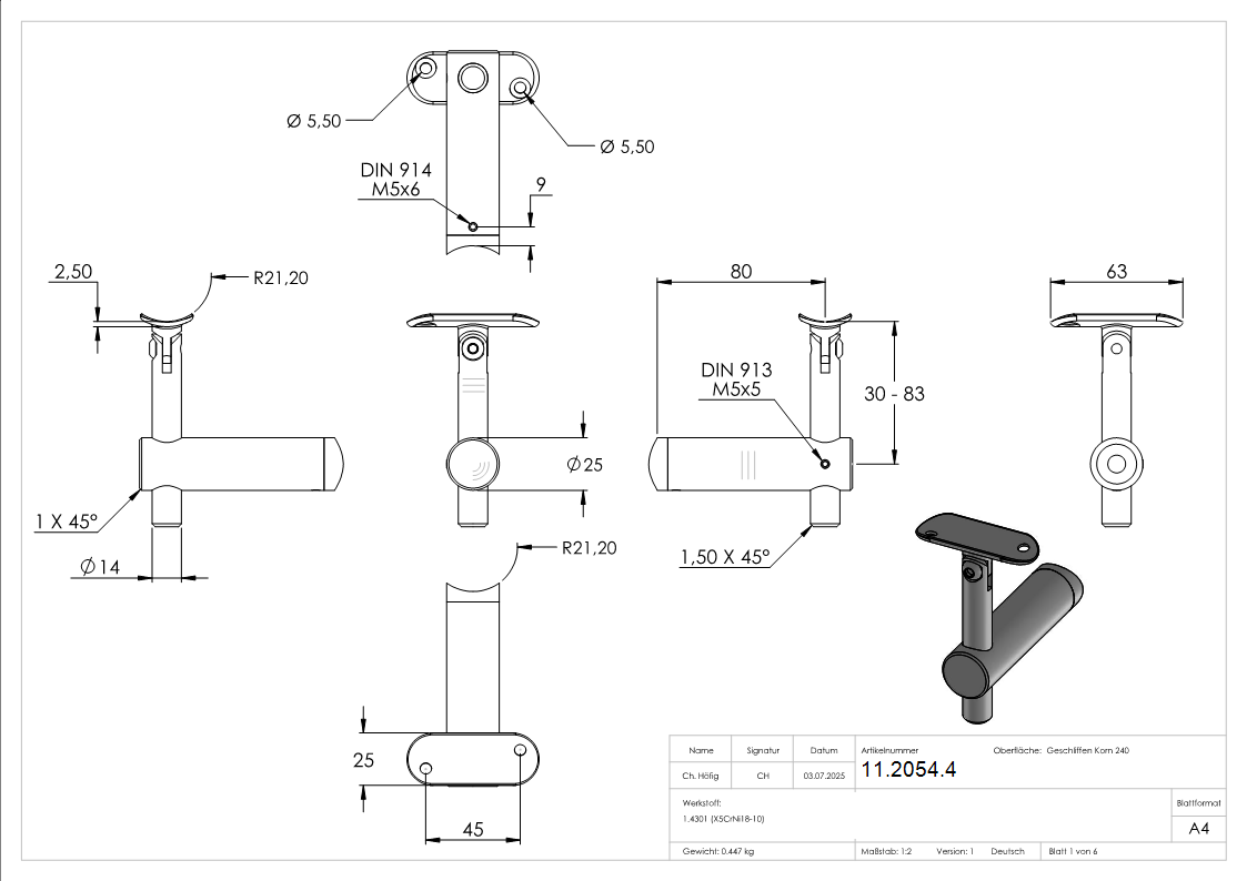 Handlaufhalter mit Gelenk und Halteplatte fuer Ø 42-4 mm V2A-11-2054.4