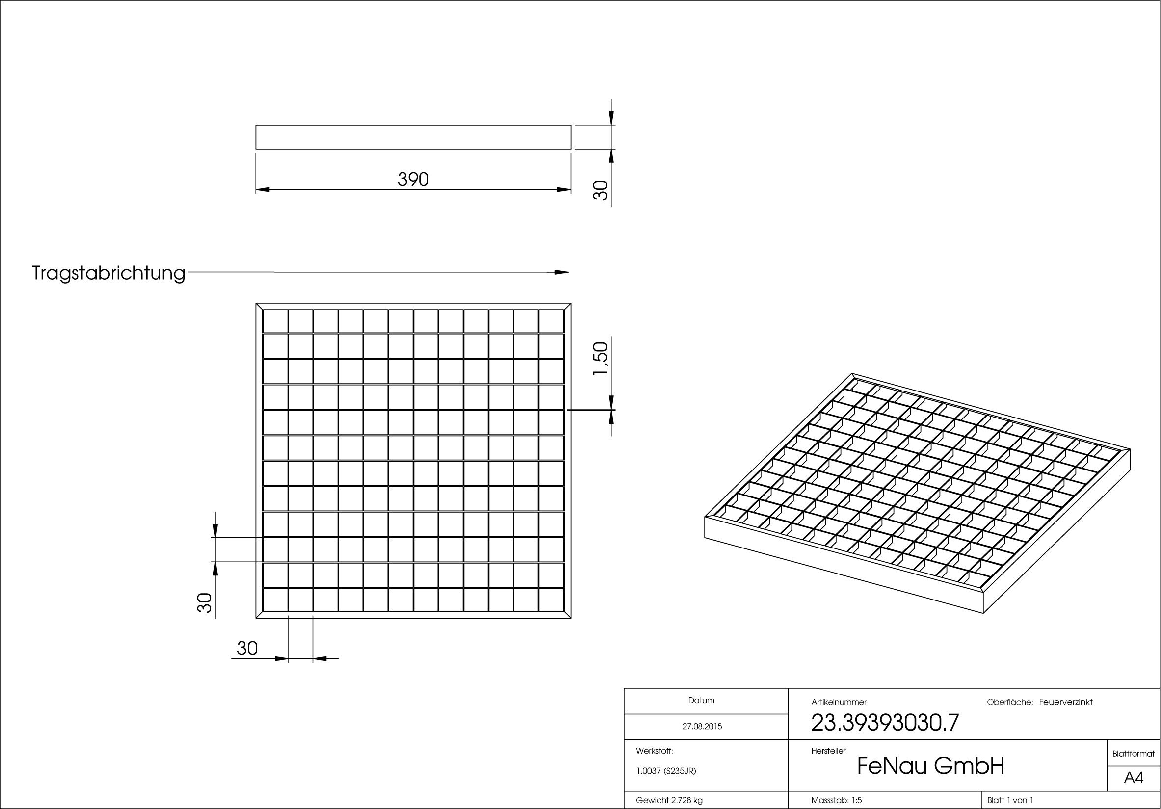 Garagen-Gitterrost | Maße:  390x390x30 mm 30/30 mm | aus S235JR (St37-2), im Vollbad feuerverzinkt