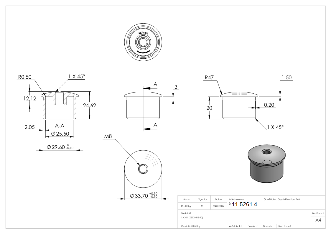 Stopfen | für Rohr-Ø: 33,7x2,0 mm | leicht gewölbt | Gewinde: M8 | V2A