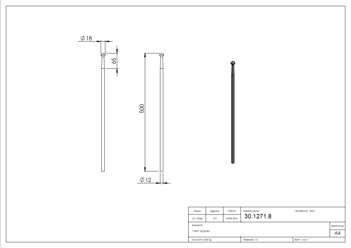 Zaunstab | Länge: 500 mm | Material Ø 12 mm | Stahl S235JR, roh