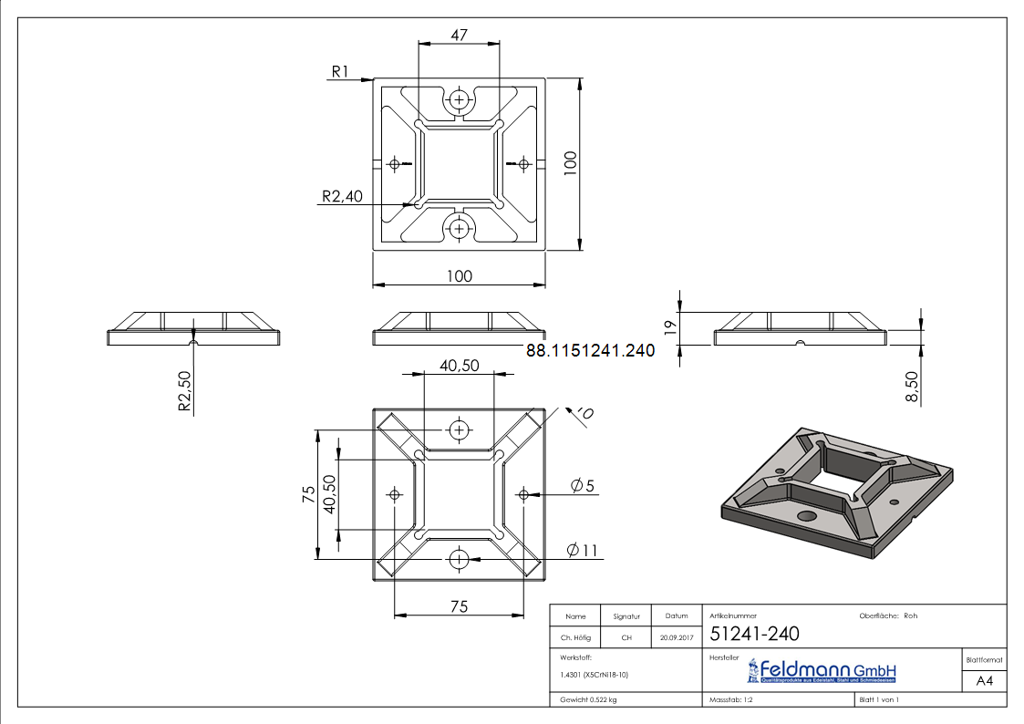 Wand- u. Bodenanker, 100 x 100 x 8mm, V2A