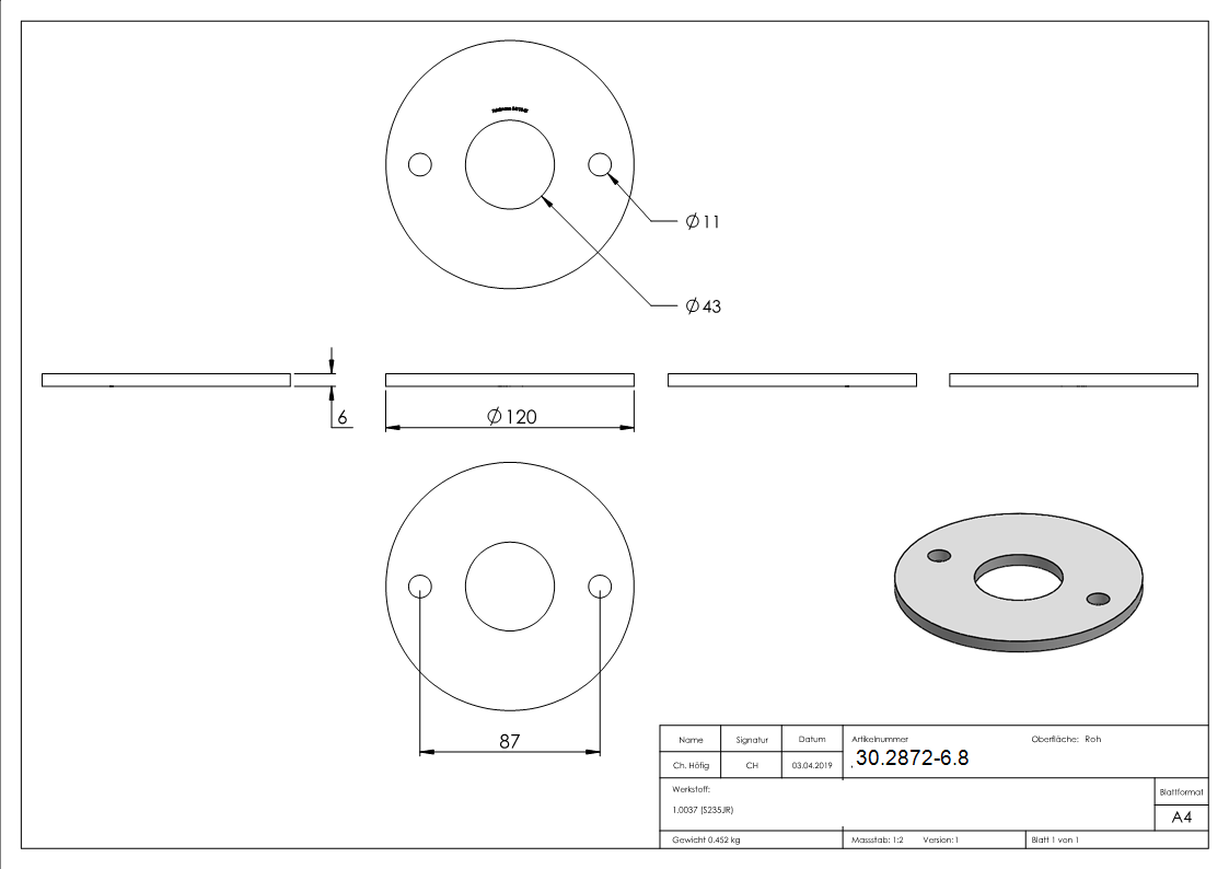 Ankerplatte 120x6 mm 3 Bohrungen |  Stahl roh