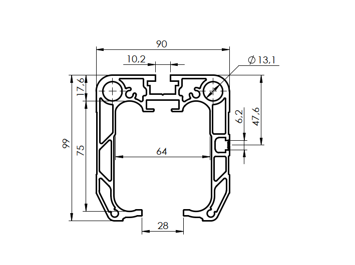 Fhrungsprofil Aluminium 90 x 99 mm L = 7000 mm roh-89-11H0290X99AL7000-A.4