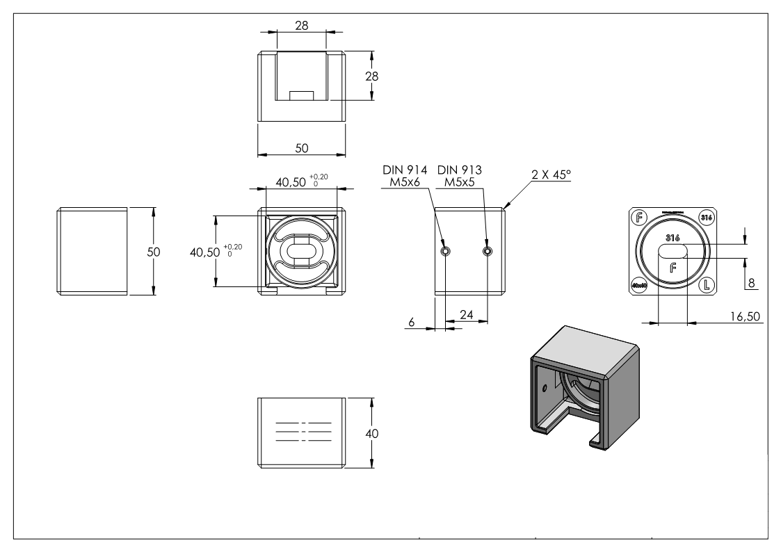 Wandbefestigung für Nutrohr 40x40mm, links, V4A