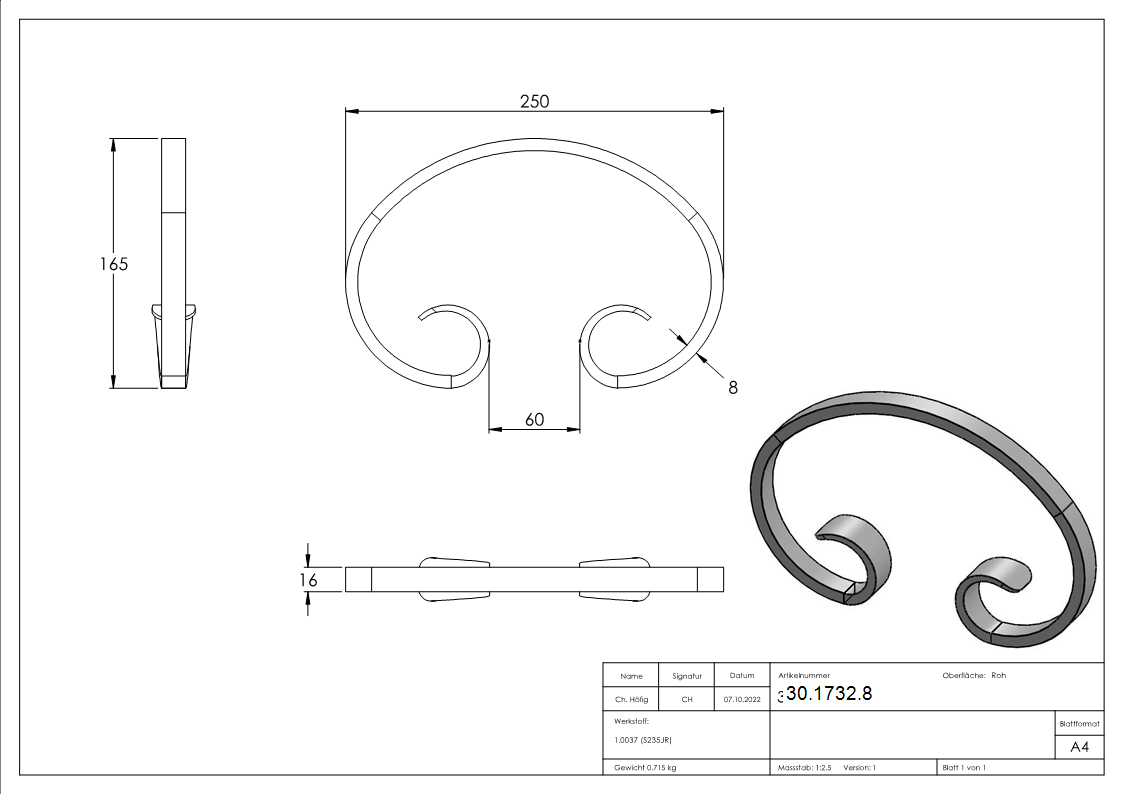 Schnecke - Masse- 250x165 mm - Material- 16x8 mm- glatt - Stahl S235JR- roh-30-1732.8
