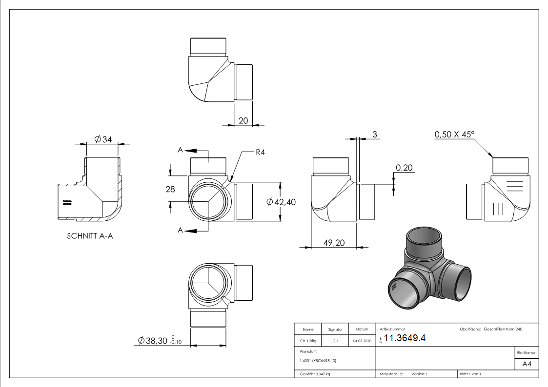 Ecke/Abgang 90° für Rundrohr Ø 42,4x2,0 mm V2A