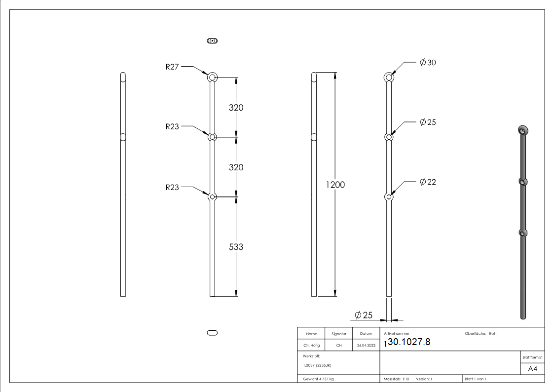Anfangsstab Pfosten Laenge- 1200 mm Material- Ø 30 mm Stahl S235JR- roh-30-1027.8