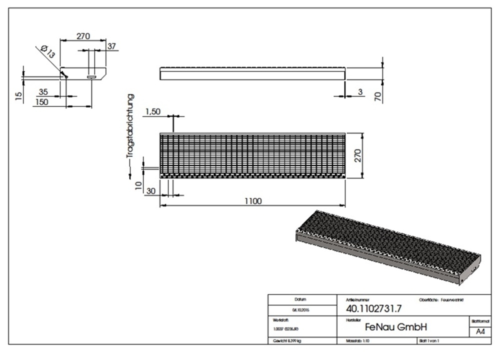 Gitterroststufe Treppenstufe Maße: 1100x270 mm 30/10 mm S235JR (St37-2), im Vollbad feuerverzinkt