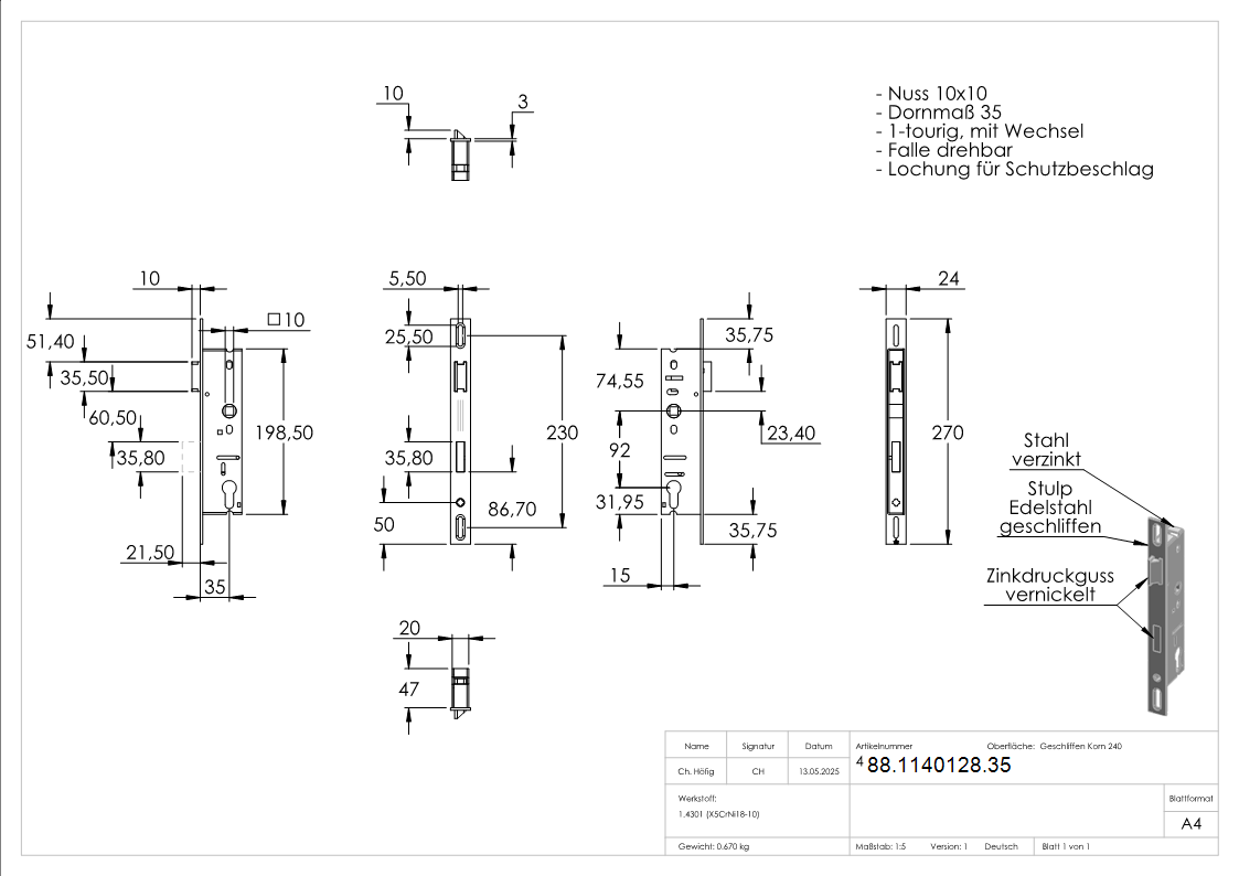 Rohrrahmenschloss verzinkt mit Langloch- Abstand 92 mm verzinkt- Dornmass 35mm-88-1140128.35