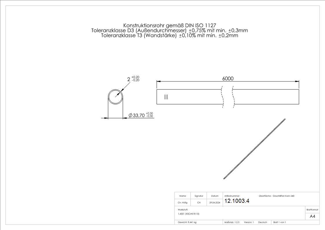 Rundrohr Ø 33,7x2,0 mm V2A á 6 m Edelstahl