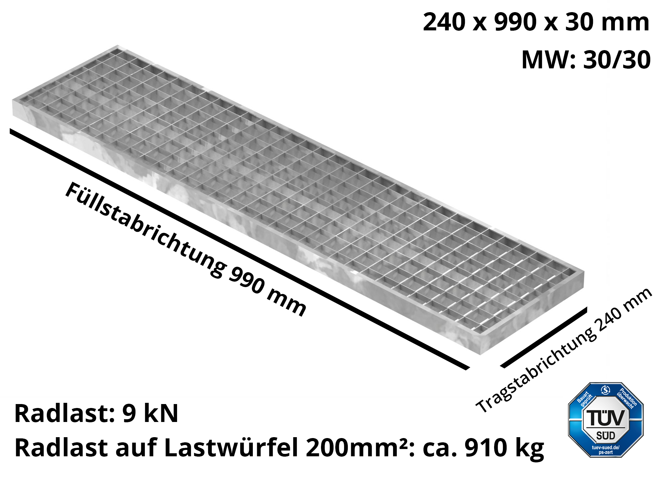 Garagen-Gitterrost | Maße:  240x990x30 mm 30/30 mm | aus S235JR (St37-2), im Vollbad feuerverzinkt