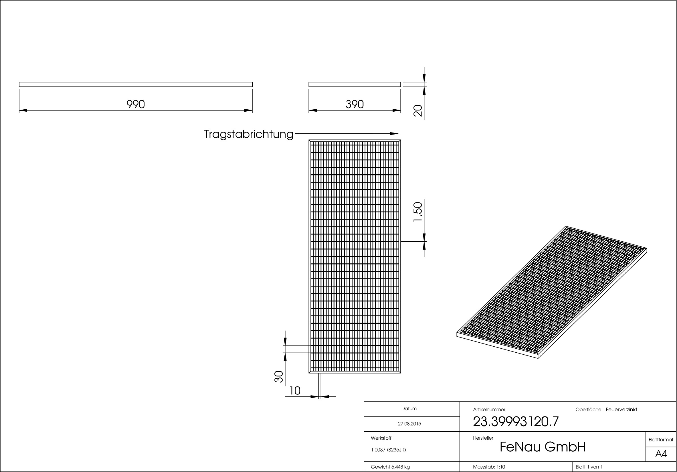 Lichtschachtrost Baunormrost | Maße:  390x990x20 mm 30/10 mm | aus S235JR (St37-2), im Vollbad feuerverzinkt