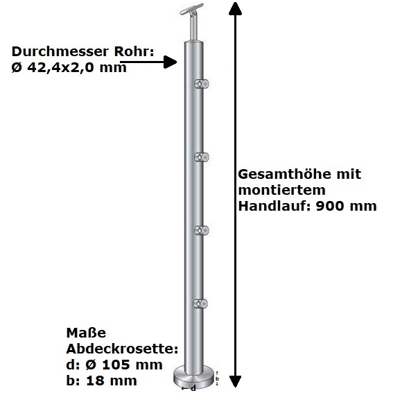 Gelaenderpfosten Edelstahl AISI 304 900 mm D42-4 mm obere Verankerung Schliff K320-14-0067RR-A.4