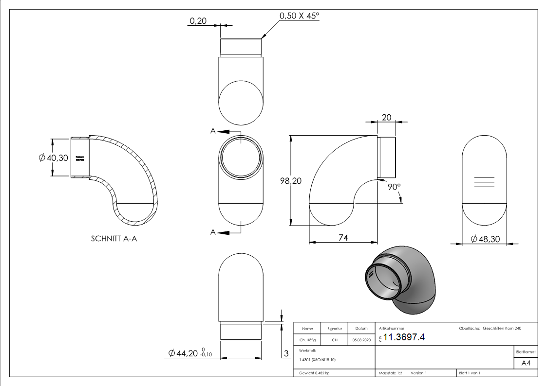 Endbogen V2A fuer Rohr 48-3x2-0 mm 90° halbrund zum Stecken-11-3697.4