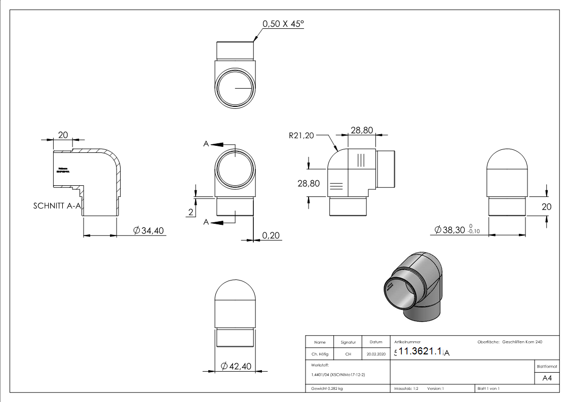 Eckbogen 90° eng, für Rundrohr Ø 42,4x2,0 mm V4A
