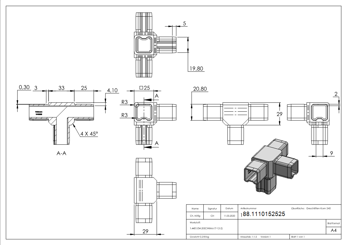Verbindungsstück für Rohr 25x25x2mm, V4A