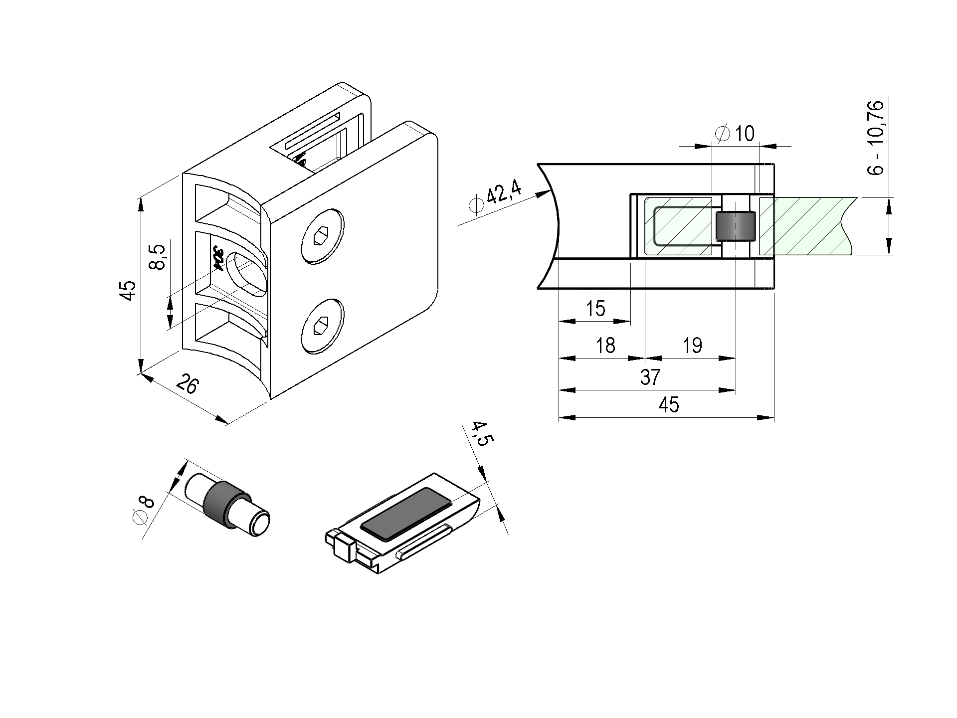 Glasklemme Edelstahl V2A D42-4 Rundpfosten Schliff fuer Glas 6-10-76mm-18-2142S-A.4