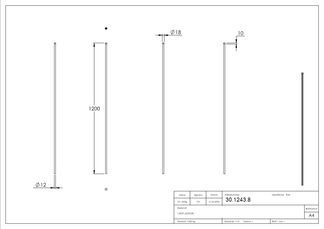 Zaunstab | Länge: 1200 mm | Material Ø 12 mm + gestauchter Kopf | Stahl S235JR, roh