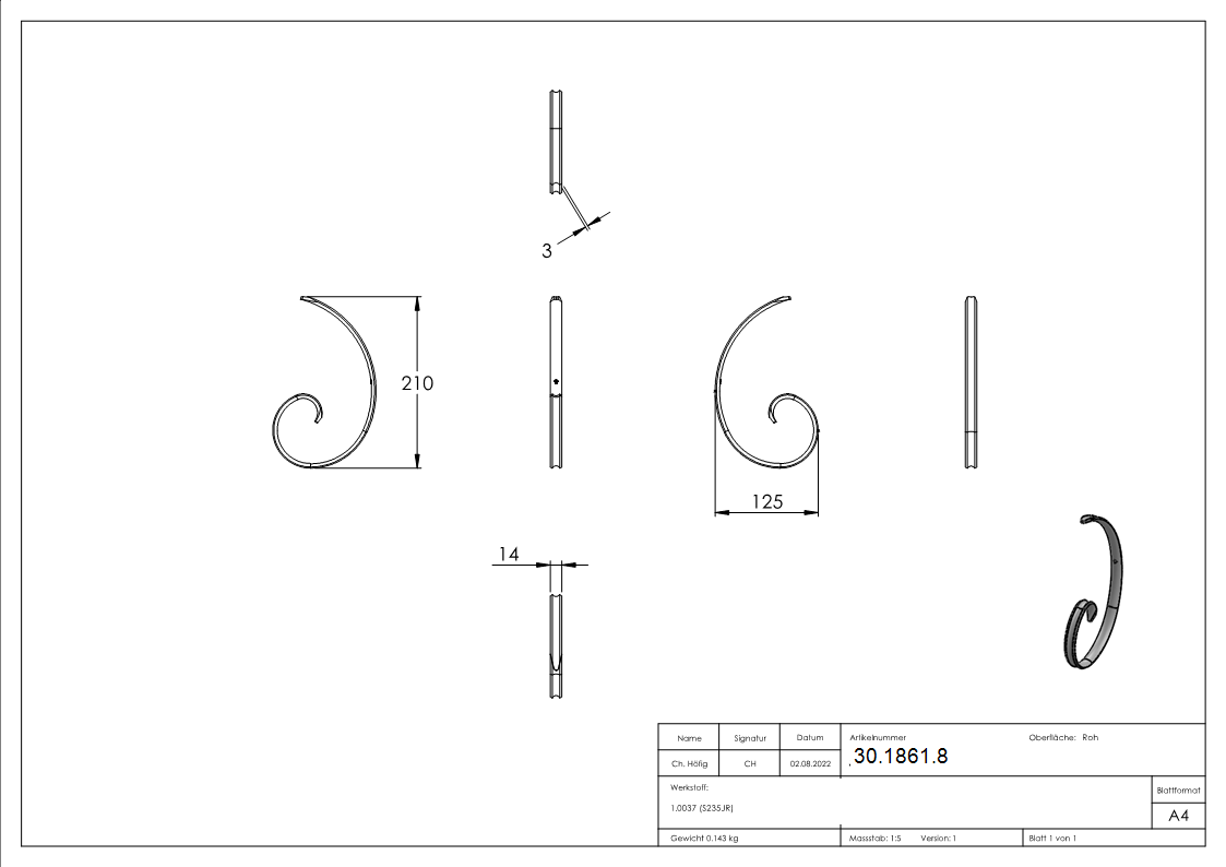 Ländliches Barock | Maße: 210x125 mm | Stahl S235JR, roh