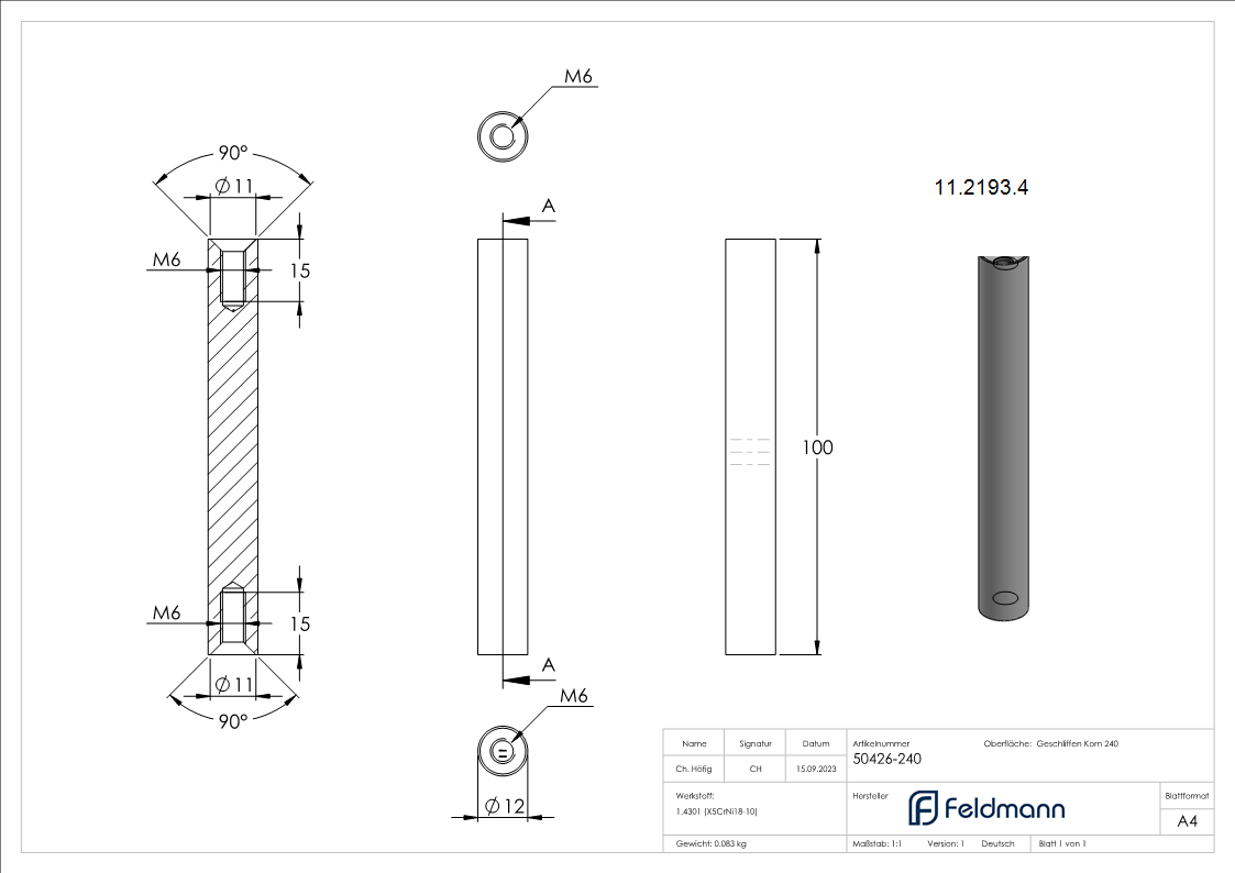 Stift | Maße: 100x12 mm | mit 2 Innengewinde: M6x15 mm | V2A