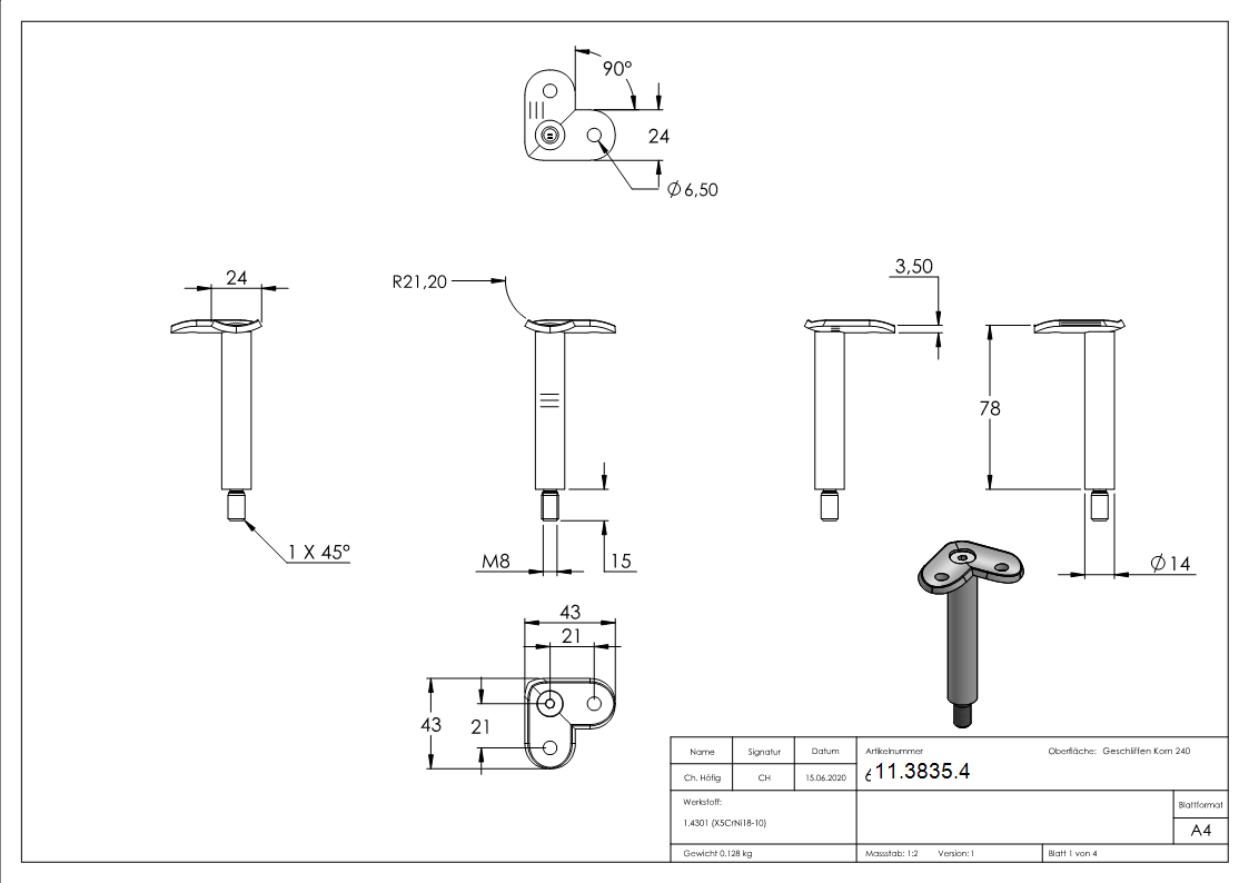 Edelstahl Traegerstift Ø 14 mmmit Halteplatte 90° Anschluss- Ø 42-4 mm - Aussengewinde M8 - V2A-11-3835.4