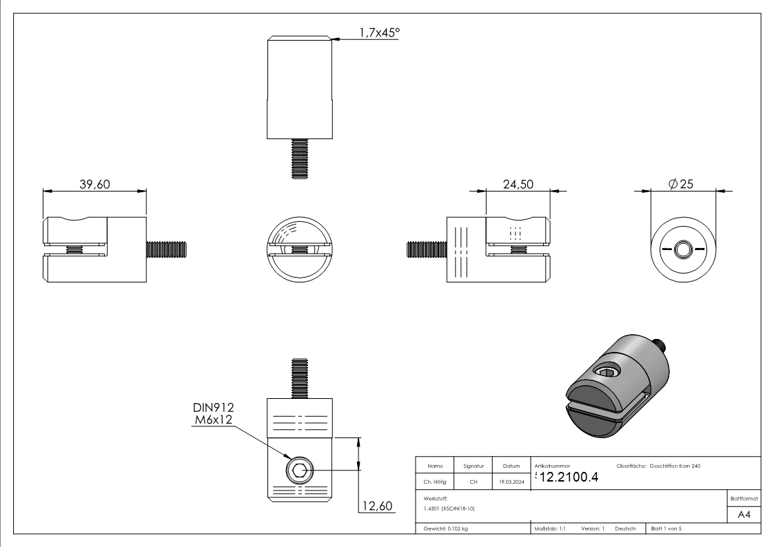 Blechhalter Ø 25 mm V2A für Anschluss flach/gerade