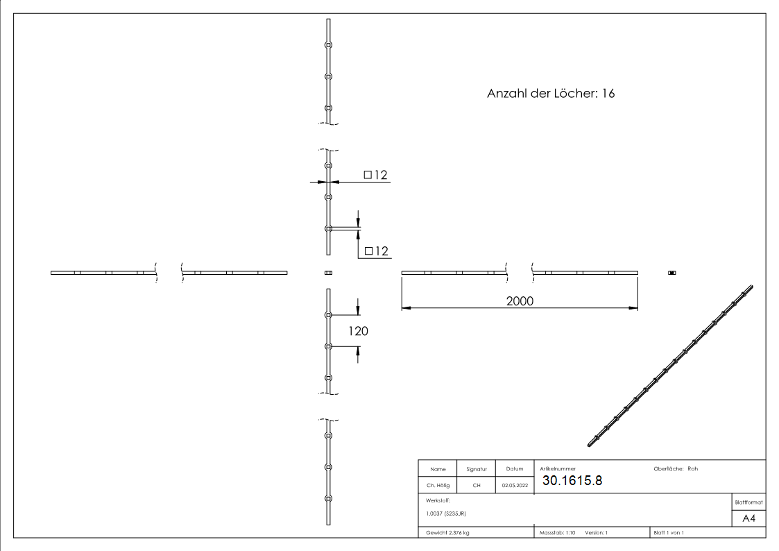 Lochleiste | für Quadratrohr | Material: 12x12 mm | Länge: 2000 mm | Stahl S235JR, roh