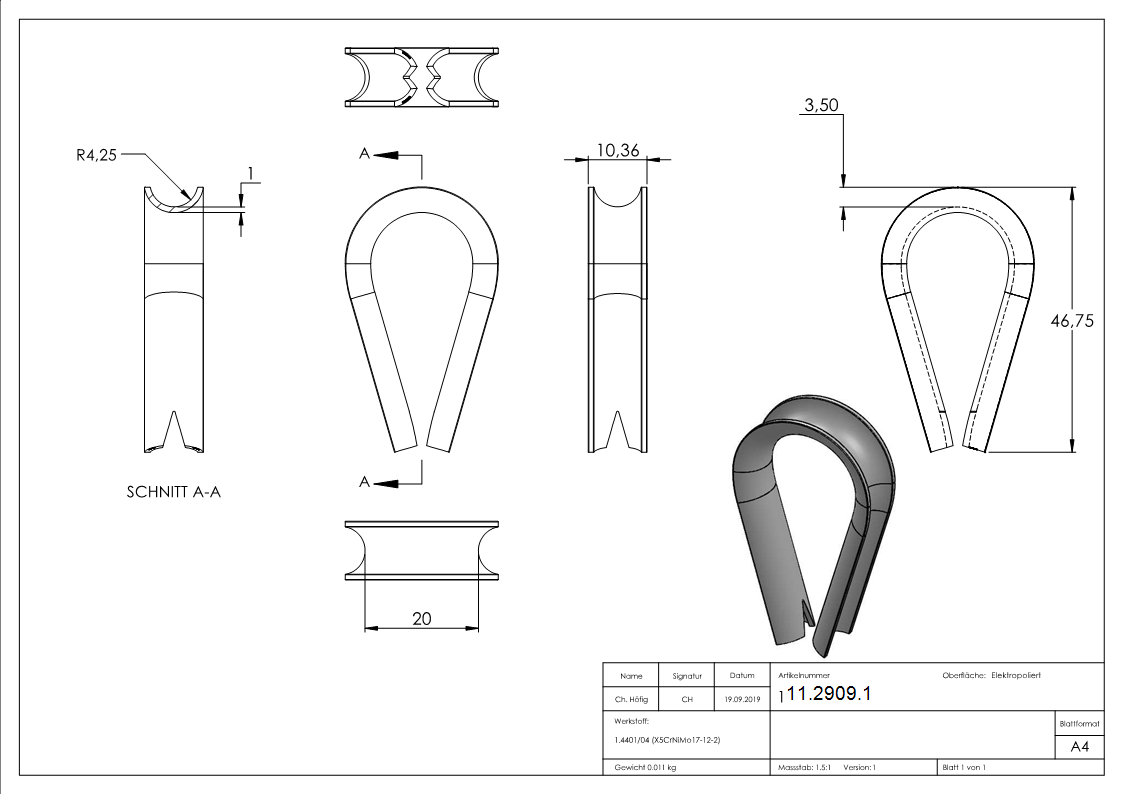 Kausche - fuer Seil Ø- 8 mm - V4A-11-2909.1