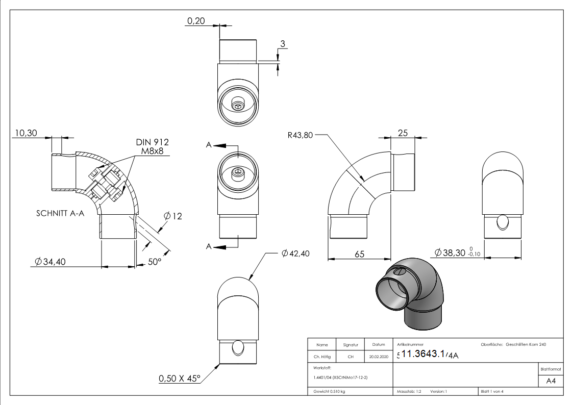 Rohrbogen verstellbar, für Rundrohr Ø 42,4x2,0 mm V4A