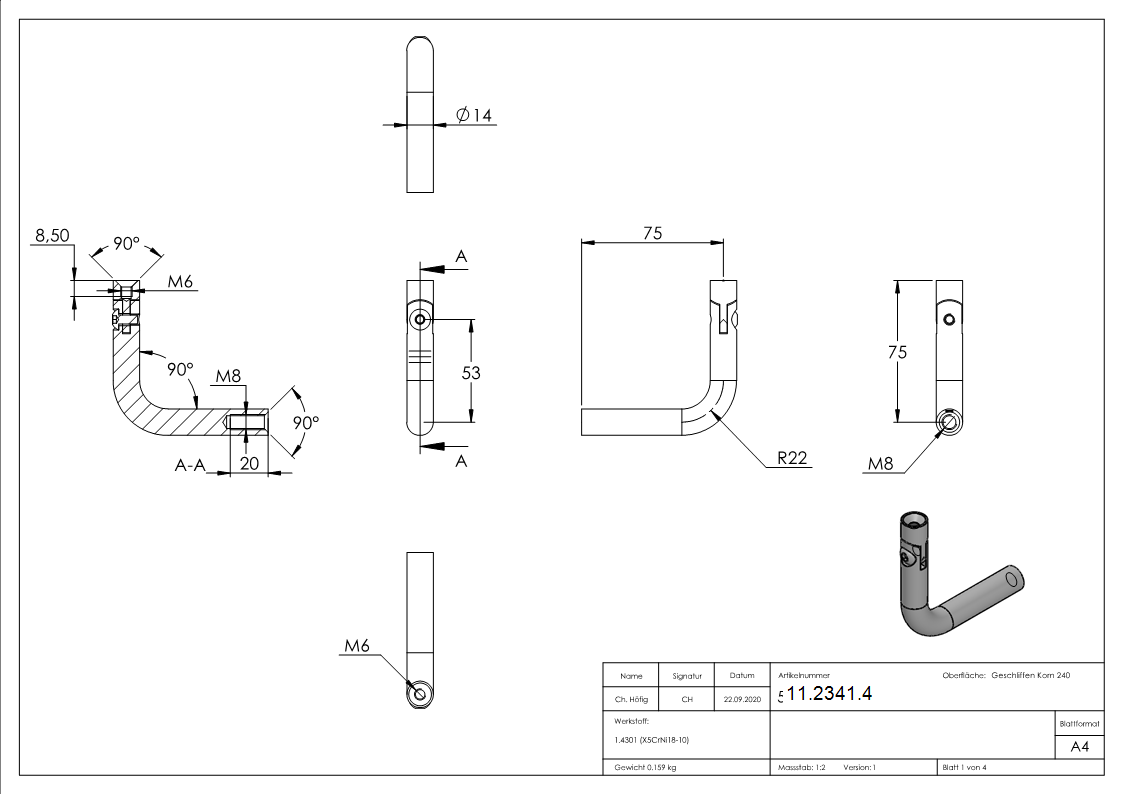 Bügel | Ø 14 mm | mit Gelenk und 2x Innengewinde: M6 + M8 | V2A
