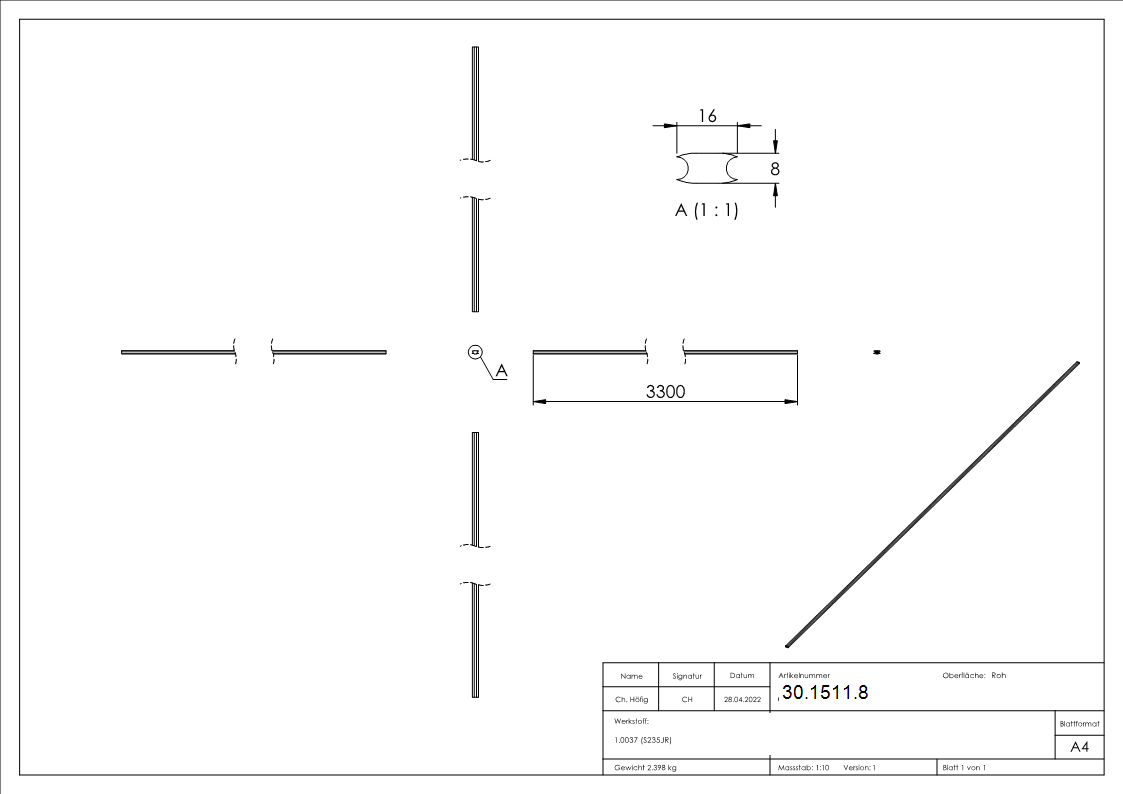 Flacheisen | Material: 16x8 mm | Länge: 3300 mm | Stahl (Roh) S235JR