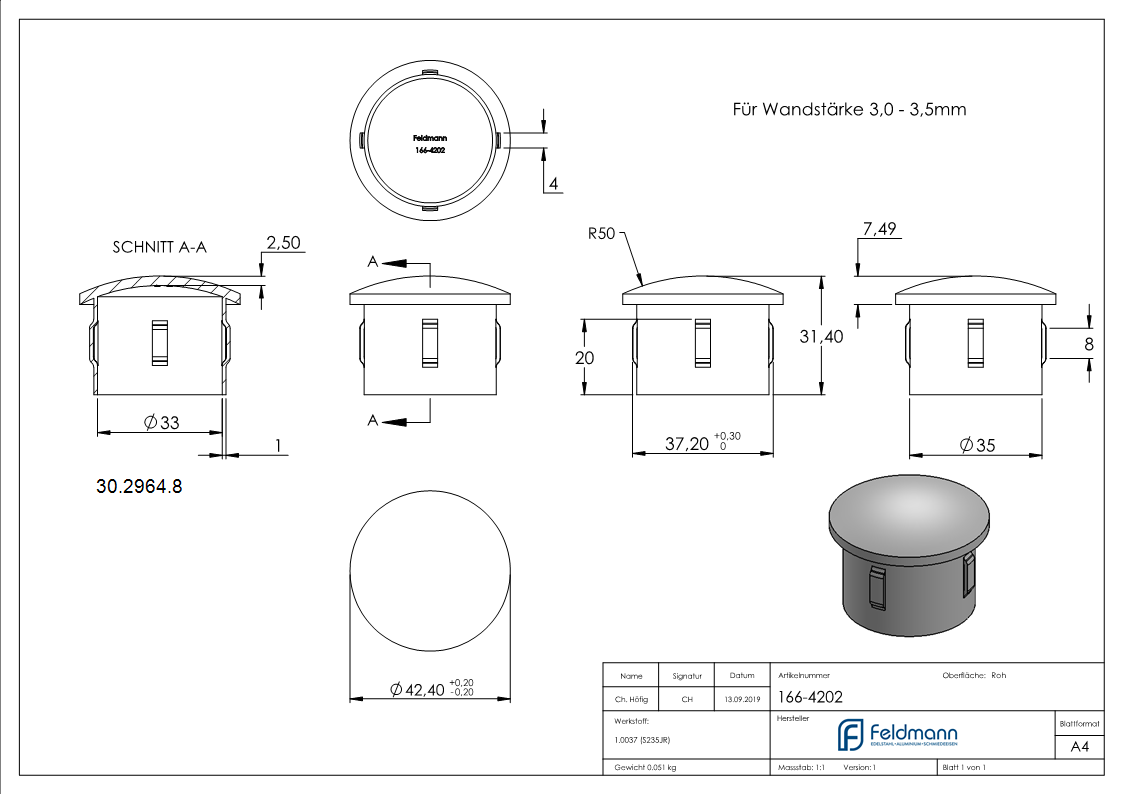 Stahlstopfen | leicht gewölbt | für Rohr Ø 42,4 x 3,0-3,5 mm | Stahl (Roh) S235JR
