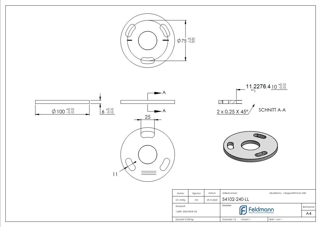 Ankerplatte Maße: Ø 100x6 mm Mittelbohrung: Ø 34 mm V2A