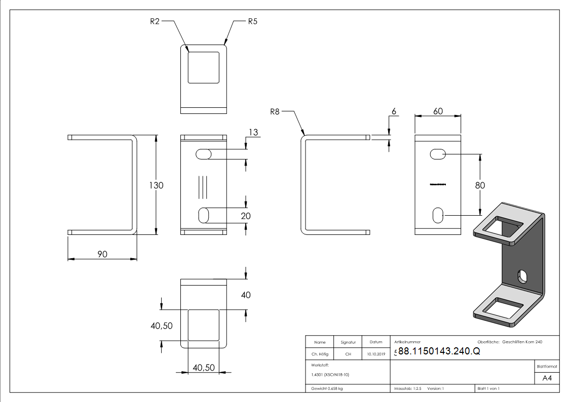 Wandbefestigung für Geländerpfosten 40 x 40mm