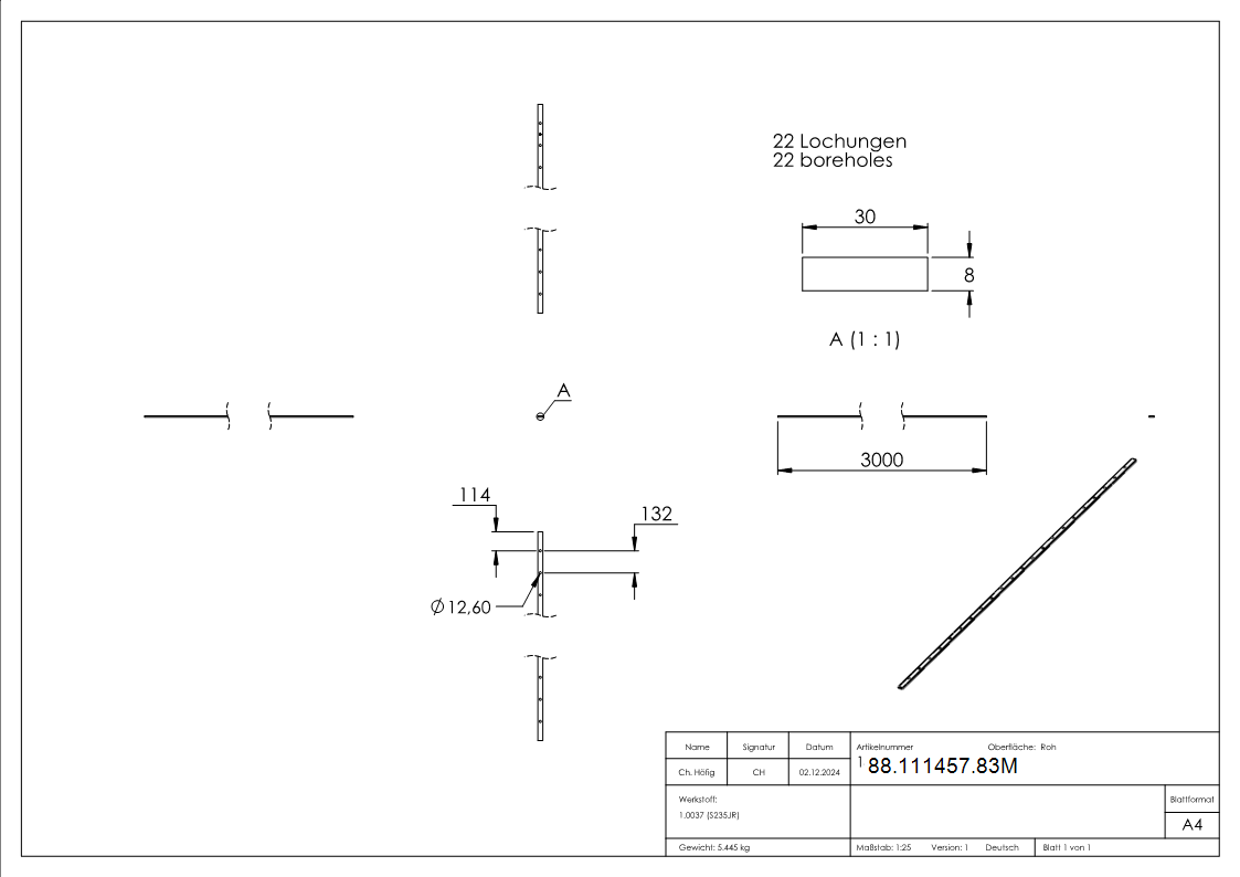 Lochleiste Stahl roh 30x8 mm fuer Stab Ø 12 mm L=3 m-88-111457.83M
