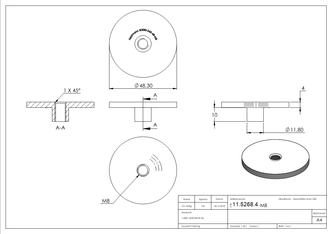 Platte flach mit M8 fuer Rohr Ø 48-3 mm V2A-11-5268.4