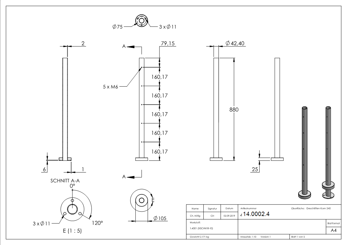 Gelaenderpfosten - fuer 5 Querstabhalter M6 - Laenge- 880 mm - V2A-14-0002.4