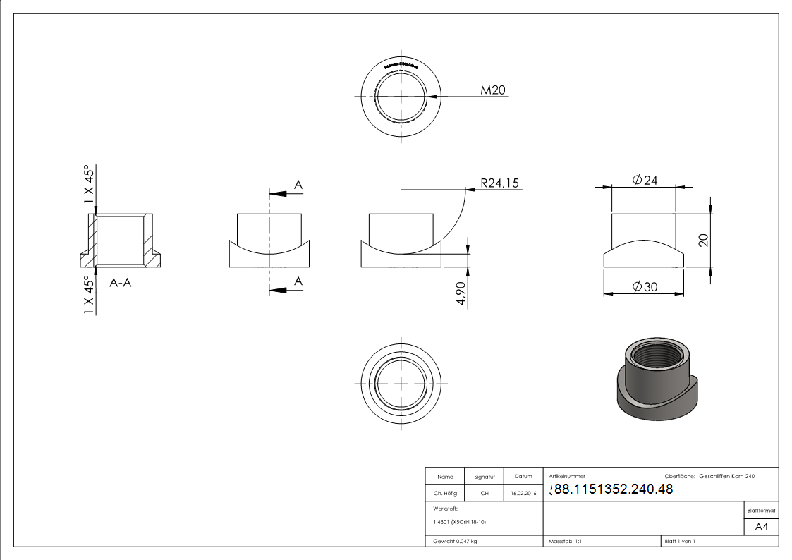 Gewindehuelse Edelstahl V2A fuer Rohr Ø 48-3 mm Gewinde M20 geschliffen Korn 240-88-1151352-240.48