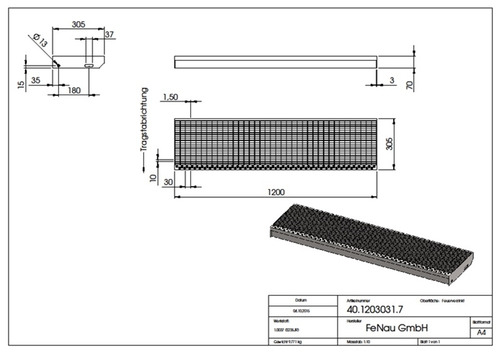 Gitterroststufe Treppenstufe | Maße: 1200x305 mm 30/10 mm | S235JR (St37-2), im Vollbad feuerverzinkt