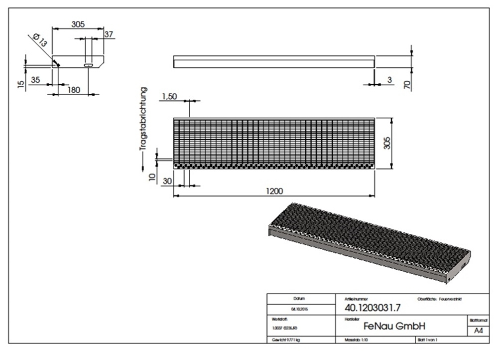 Gitterroststufe Treppenstufe Maße: 1200x305 mm 30/10 mm S235JR (St37-2), im Vollbad feuerverzinkt