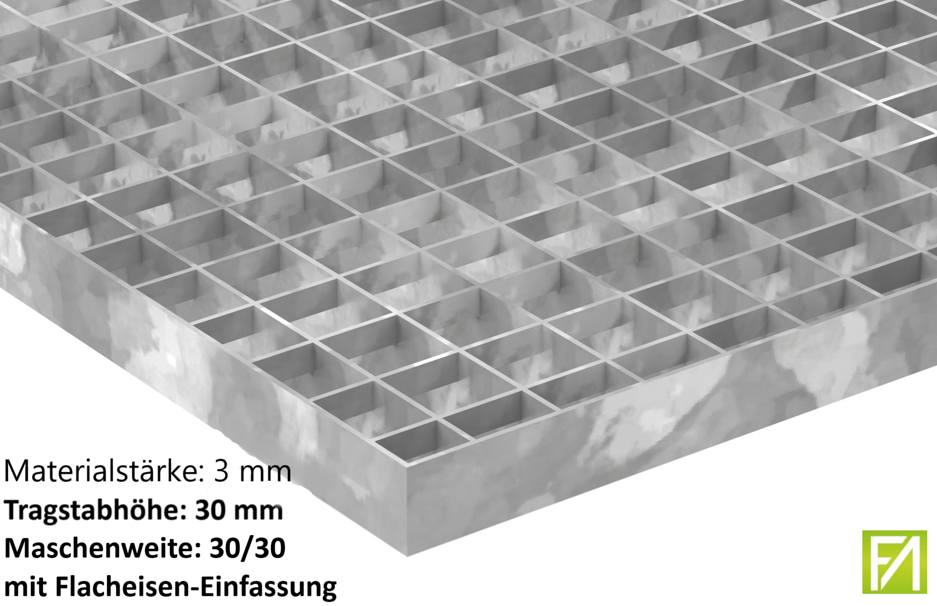 Industrie-Gitterrost | Maße: 700x1000x30 mm; MW 30/30 mm; 30/3 mm | S235JR (St37-2), im Vollbad feuerverzinkt