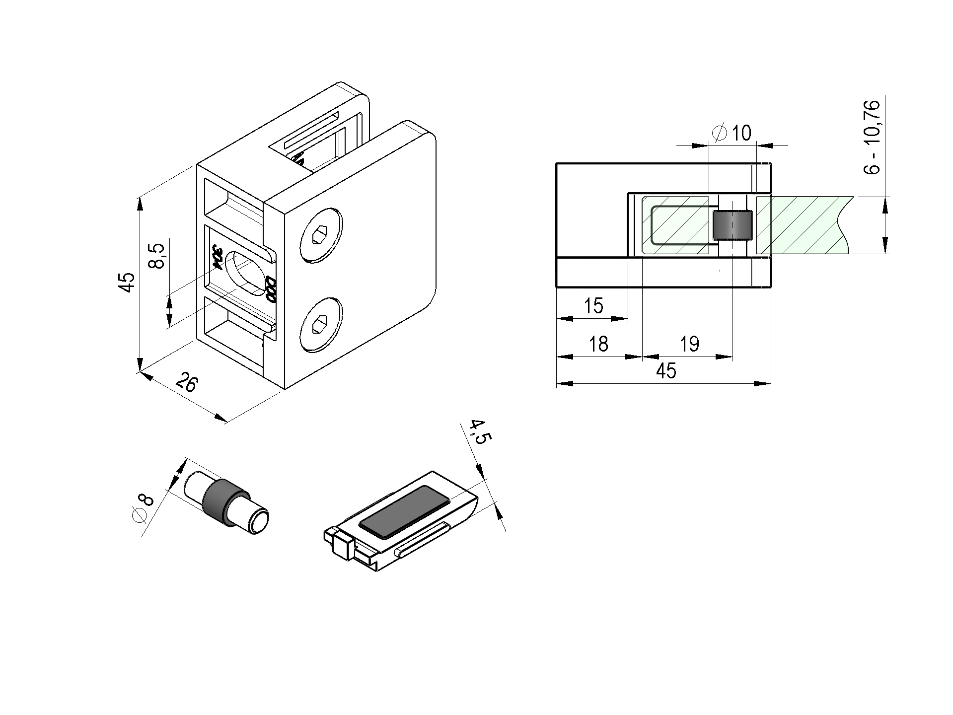 Glasklemme Edelstahl AISI 304 geschliffen fuer Flachpfosten- Glas-Blechfuellung-18-2100S-A.4