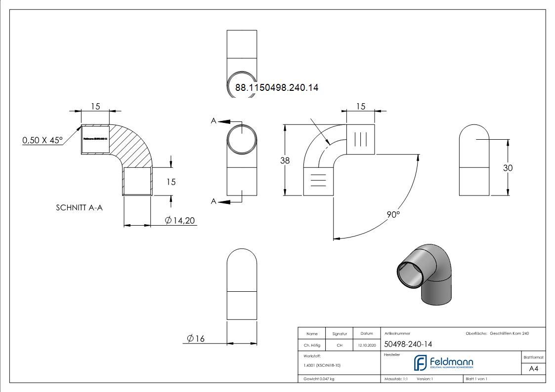 Rundstab-Bogen V2A Ø 14 mm 90° zum Kleben-88-1150498-240.14