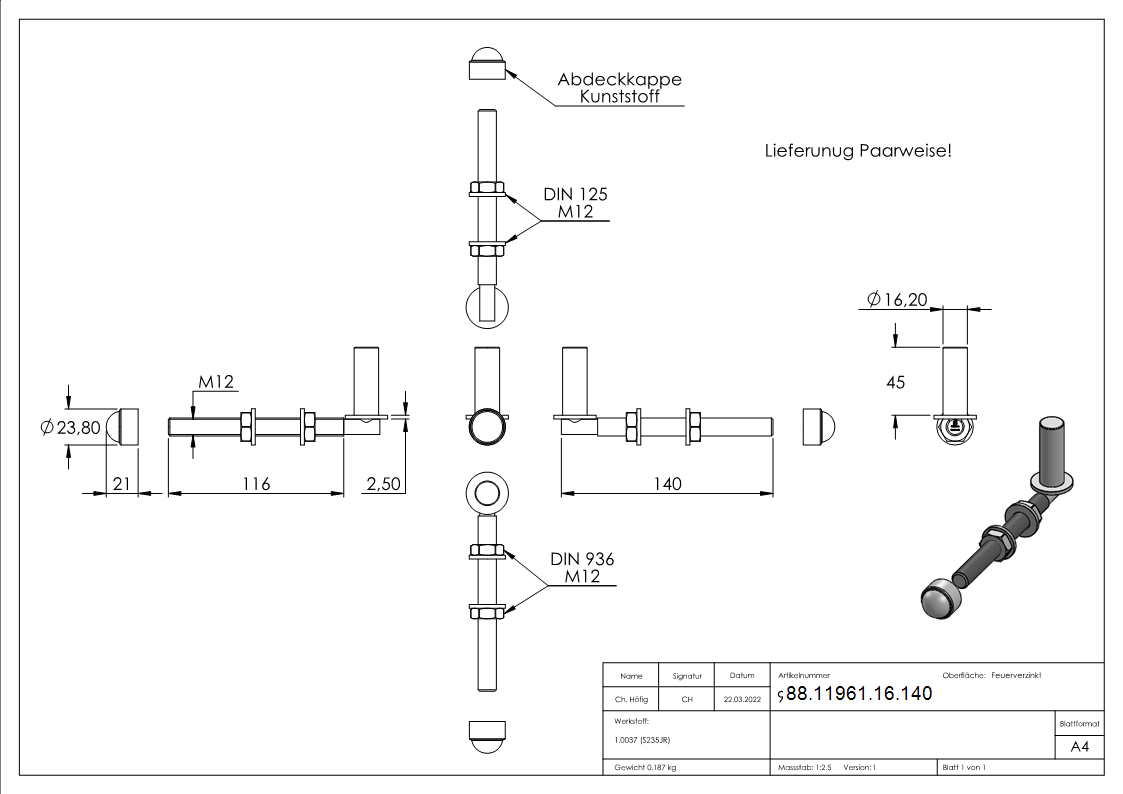Einhängeband Torband zum Durchschrauben für Ø 16mm, Länge 140mm