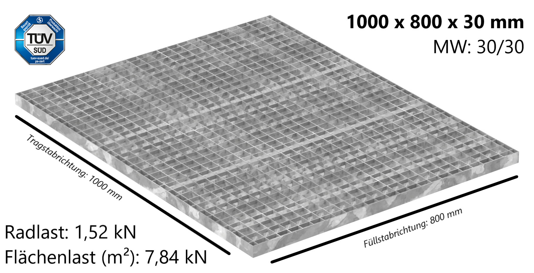 Industrie-Gitterrost | Maße: 1000x800x30 mm; MW 30/30 mm; 30/2 mm | S235JR (St37-2), im Vollbad feuerverzinkt