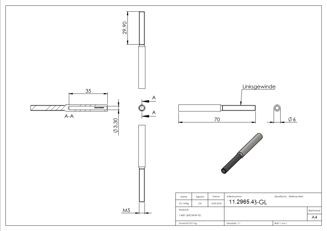 Gewindeterminal mit Außengewinde | Linksgewinde | Für Seil von Ø 3 mm |V2A