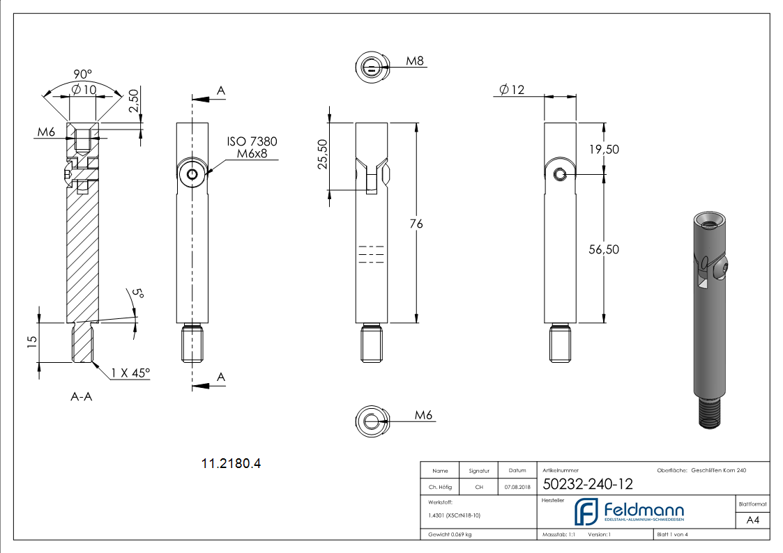 Stift Maße: 75x12 mm mit Gelenk + Außen - und Innengewinde V2A